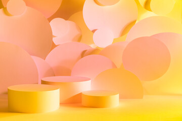 Abstract scene for presentation cosmetic products mockup - three round podiums in yellow, pink gradient light, circles as geometric decor. Template for advertising, design, sale in summer beach style.