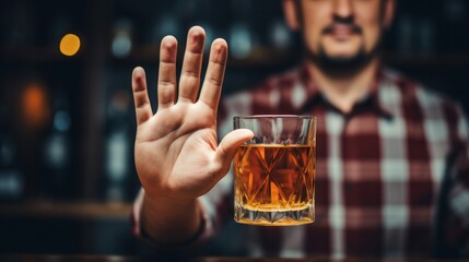 man refuses say no and avoid to drink an alcohol whiskey , stopping hand sign male, alcoholism treatment, alcohol addiction, quit booze, Stop Drinking Alcohol. Refuse Glass liquor, unhealthy, reject - obrazy, fototapety, plakaty