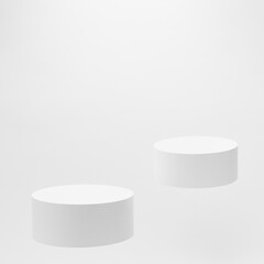 Abstract scene - two round white tilt podiums for cosmetic products mockup, fly on white background. For presentation skin care products, gifts, goods, advertising, showing, sale in minimal style.