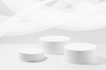 Set of three round white pedestals for cosmetic products mockup, striped neon glowing lines on white background. Stage for presentation skin care products, gifts, advertising in vapor wave style.