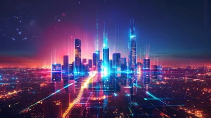 Fotobehang cityscape with space and neon light effect. Modern hi-tech, science, futuristic technology concept. Abstract digital high tech city design for banner background © pinkrabbit