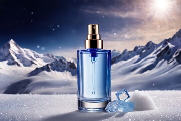 Product packaging mockup photo of Serum or cosmetics with a simple, elegant design White and blue tones There are ice crystals and snow mountains., studio advertising photoshoot