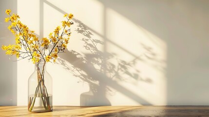 home interior with yellow flowers in a vase on a light background for product display