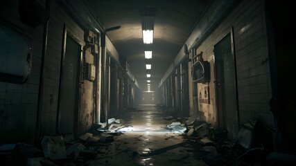 Fototapeta na wymiar Eerie Corridor in Abandoned Building. Concept Abandoned Building, Eerie Corridor, Urban Decay, Creepy Atmosphere