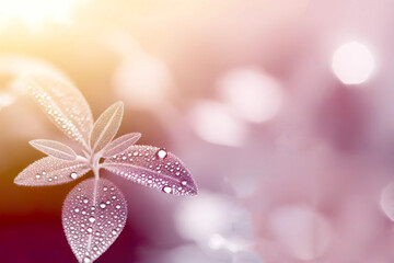 Obraz na płótnie Canvas morning dew on transparent leaves, pastel pink background, copy space