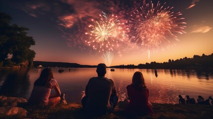 couple in love sitting by a lake on a beautiful sunset with real grand fireworks. celebration concept with friends and family - obrazy, fototapety, plakaty