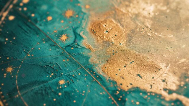 Abstract image with golden shapes and turquoise blue with greenish tones to create a magical map of land, water, and stars with a mystical circle around it for a wicca ritual wallpaper
