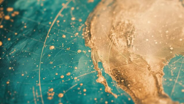 An abstract map featuring the textured outlines of Central America and Mexico. Golden and enchanting drips reminiscent of stars set against a backdrop of Prussian blue and turquoise surface