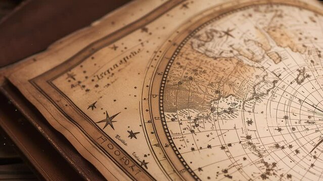 Animation of a vintage star map in an old book with constellations and zodiac signs, beautifully aged and detailed old scroll, displayed on a wooden surface	