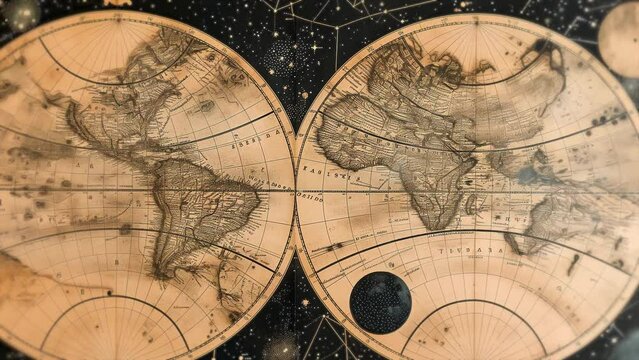 Animation of an ancient world map with an old representation of constellations and stars from of medieval astrology. Cartographic mapping of the planet's land and sea in circular representations