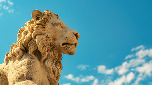 Estátua de leão com o céu azul ao fundo