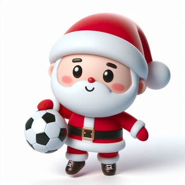 Cute character 3D image of a cute Santa playing football, funny, happy, smile, white background