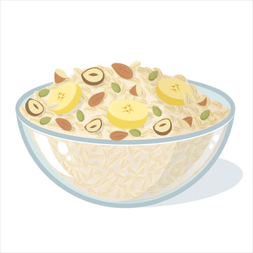 recommend clip art: healthy breakfast, oatmeal with nuts, banana in a plate. A simple, easy and delicious vegan meal. Illustration on a transparent background