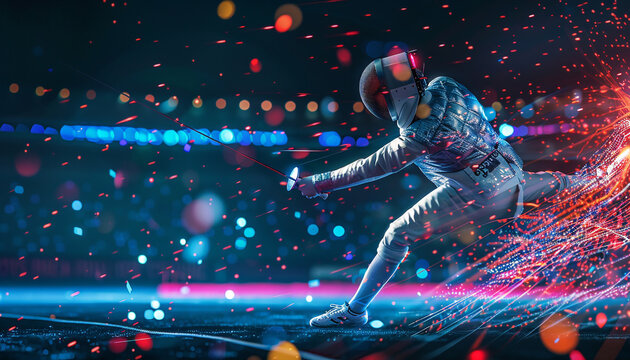 A captivating digital illustration of a fencer in action, surrounded by vibrant lights. The fencer, dressed in protective gear, lunges forward with a foil, creating dynamic motion trails.