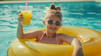 Cheerful child in sunglasses floating in a pool with a refreshing drink, enjoying summertime