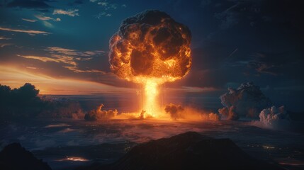Dramatic digital art of a nuclear explosion with intense orange glow against a clouded sky