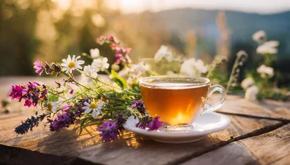 Draagtas Cup of hot tea and fresh herbs. Tasty drink on wooden table. Sunset or sunrise. Natural backdrop. © hardvicore