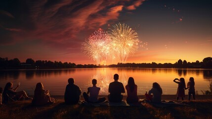 people with their backs to themselves sitting by a lake on a beautiful sunset watching fireworks in the sky of many colors - obrazy, fototapety, plakaty