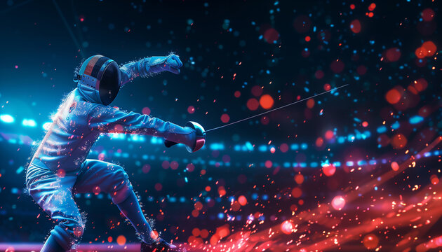 A captivating digital illustration of a fencer in action, surrounded by vibrant lights. The fencer, dressed in protective gear, lunges forward with a foil, creating dynamic motion trails.