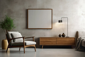 Modern living room design featuring wooden furniture and vacant poster frame on textured concrete...