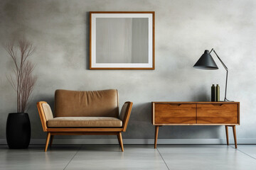 Modern living room design featuring wooden furniture and vacant poster frame on textured concrete wall.