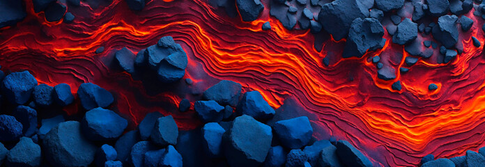 Abstract background of flowing lava in vulcanic gorund with rocks. Above view of erupting vulcanic ground. Banner format.