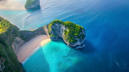 Top view of white sand beach tropical  with seashore as the island in a coral reef ,blue and turquoise sea Amazing nature landscape with blue lagoon