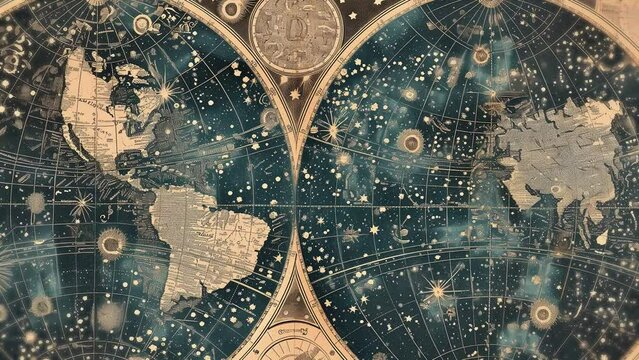 An ancient star map with an old representation of constellations and stars, adorned with golden symbols of medieval astrology, and phases of the moon and celestial bodies