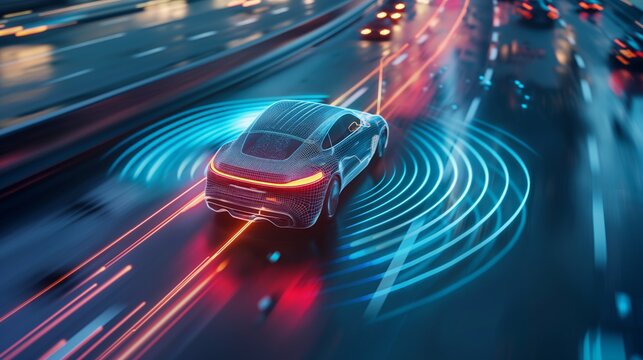 Autonomous vehicle, moving through traffic, sensors the vehicle, energy waves, futuristic. Autopilot illustration