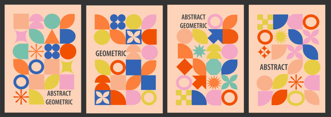 Set of geometric posters in trendy retro bauhaus style. Vertical rectangle for social media story, vertical video, web banner, business card, cover, poster.