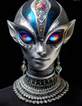 Wundersch&ouml;ner Alienkopf mit bunten Augen und Halsschmuck