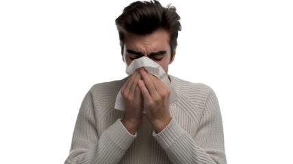 Man with allergy or an infection sneezing on transparent background.
