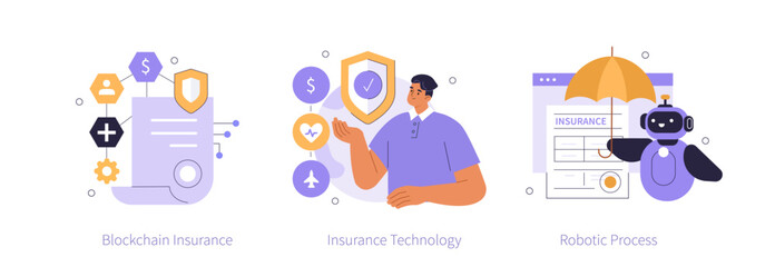 Insurance technology concept set. Digital insurtech services, robotic process automation with bot and blockchain in insurance industry. Vector illustration.
