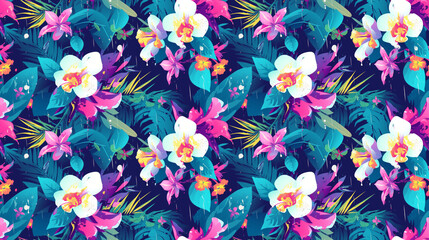 Bright orchids and dripping leaves in a tropical rain, seamless, - obrazy, fototapety, plakaty