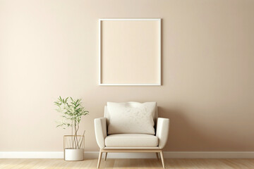 Fototapeta na wymiar Modern beige chair and empty frame on a soft-colored wall.