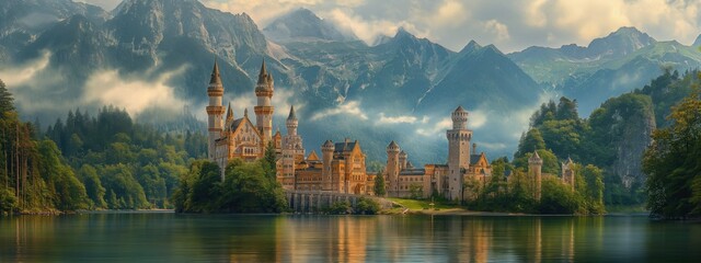 A fantastic magical castle in the mountains by the lake - obrazy, fototapety, plakaty