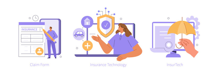 Insurance technology concept set. Collection of people using insurtech services, filling claim form online and buying digital insurance policy. Vector illustration.
- 780685767