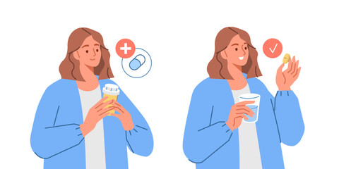 Taking pills concept set. Woman taking drug with glass water and reading a prescription label at medication bottle. Vector illustration. - 780685930