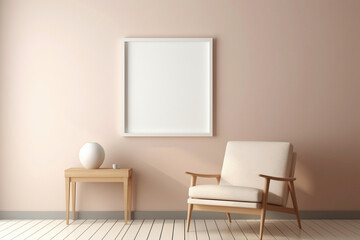 Modern beige chair and empty frame on a soft-colored wall.