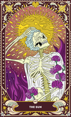 A tarot card in bohemian tones in a modern style in the form of a skeleton. Modern illustration of The Sun card, minimalistic cartoon skeleton, simple vector drawing