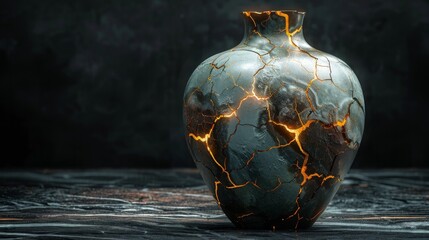 Artistic rendering of a cracked but beautiful vase with golden veins running through the cracks