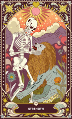 A tarot card in bohemian tones in a modern style in the form of a skeleton. Modern illustration of The Strength card, minimalistic cartoon skeleton, simple vector drawing