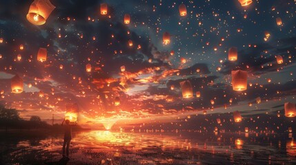 Artistic rendering of a group of cancer patients and survivors releasing lanterns into the night sky - obrazy, fototapety, plakaty