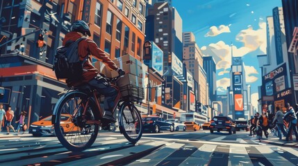 a delivery person navigating a bustling city street on an electric cargo bike balancing a stack of parcels. The background captures the urban environment - obrazy, fototapety, plakaty