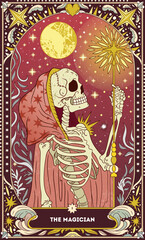 A tarot card in bohemian tones in a modern style in the form of a skeleton. Modern illustration of The Magician card, minimalistic cartoon skeleton, simple vector drawing
