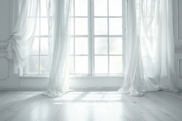 Fototapeta premium Backlit window with white curtains in empty room. generative ai.