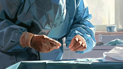 Fotobehang High-detail depiction of a medical professional in scrubs and gloves applying stitches to a clean wound showcasing the precision and attention to detail involved in surgical wound care © Miso Ai