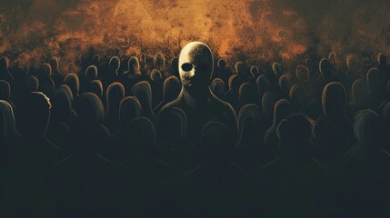 Obraz premium High-detail depiction of a masked figure standing at the edge of a crowd observing from a distance. The mask represents the metaphorical facade that psychopaths are said to wear