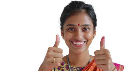 Portrait young indian woman in saree giving thumbs up isolated on transparent background.
