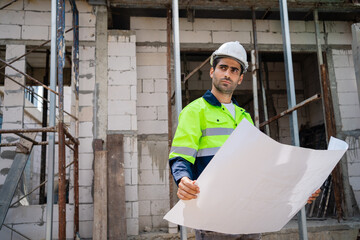A man in a yellow and blue safety vest is holding a white blueprint. He is wearing a hard hat and he is a construction worker. Concept of focus and determination as the man holds the blueprint